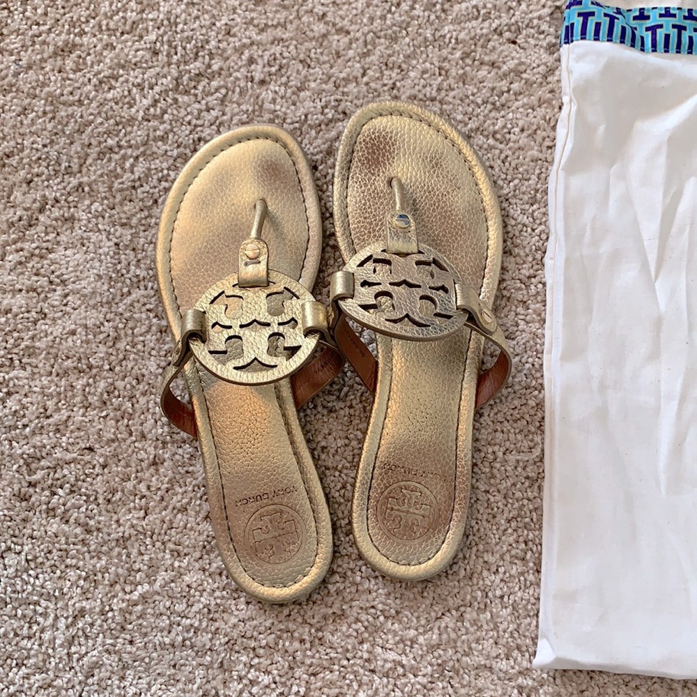 Tory Burch Gold Miller Metallic Logo Thong Sandals